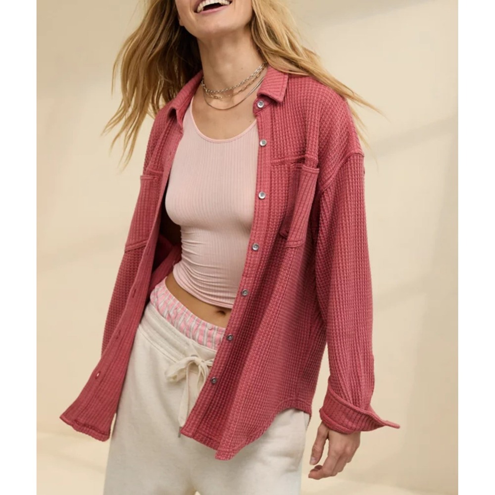 Aerie Anytime Fav Waffle Shirt Women Medium Let's Mauve Oversized Pockets